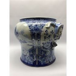 Large 20th century Delft blue and white jardinière, of baluster form with twin zoomorphic mask lug handles, decorated with hand painted panels of waterside scenes, within foliate surround, impressed and painted marks beneath for De Porceleyne Fles workshop, Delft, H35cm, rim D32