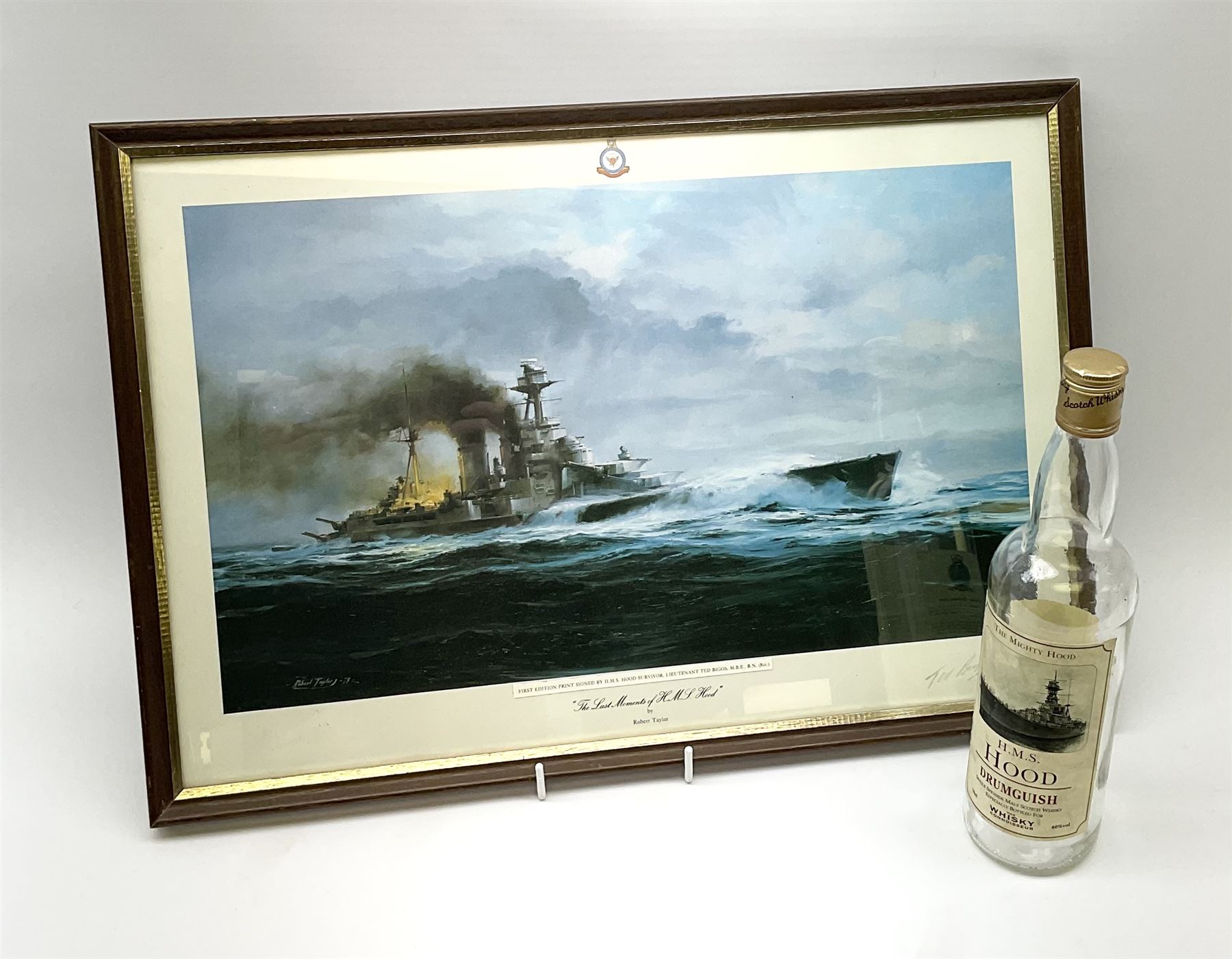 'The Last Moments of HMS Hood', first edition print after Robert Taylor signed in pencil by survivor Ted Briggs, together with a limited edition whisky bottle no. 3/498 commemorating the sinking Notes: the 24th May 2021 marks the 80th anniversary of the sinking of H.M.S. Hood