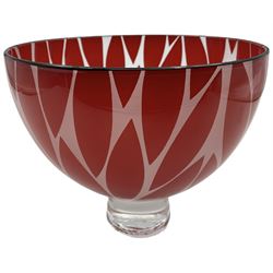 Gillies Jones of Rosedale glass bowl decorated with red leaves with black rim, upon a short clear tapering foot, signed to base, H12cm D15cm