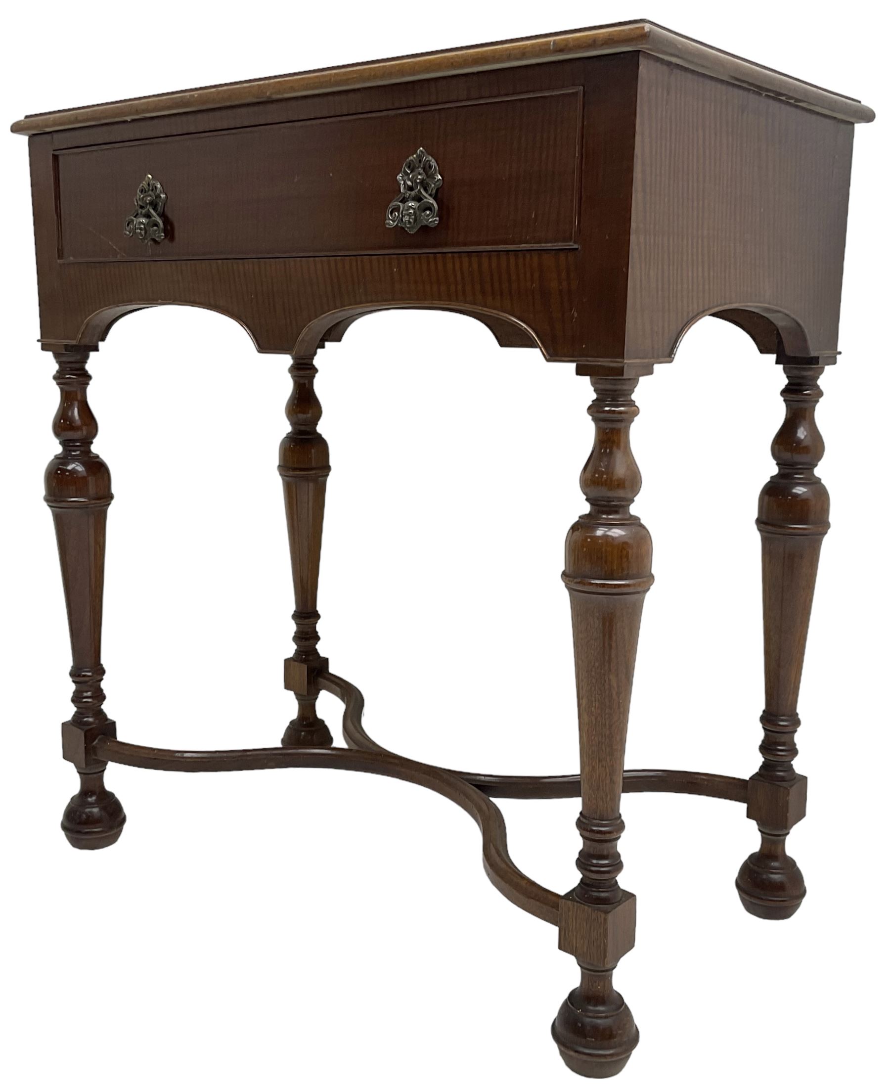 Georgian design mahogany lowboy, fitted with single cock-beaded drawer over double-arched apron, raised on turned supports united by shaped X-stretcher