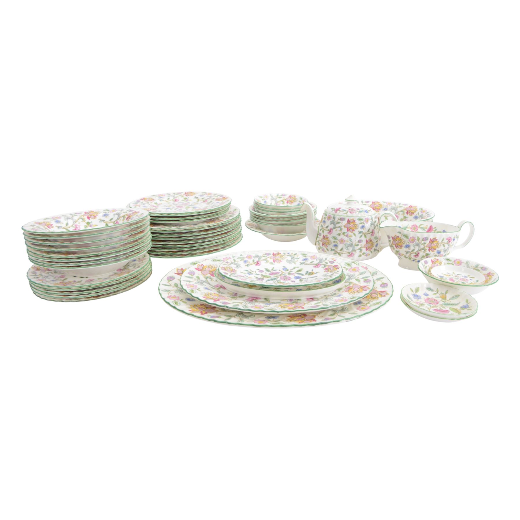 Minton Haddon Hall part dinner service, including teapot, nine dinner plates, nine soup bowls, two serving dishes, sauce boat and saucer etc in two boxes 