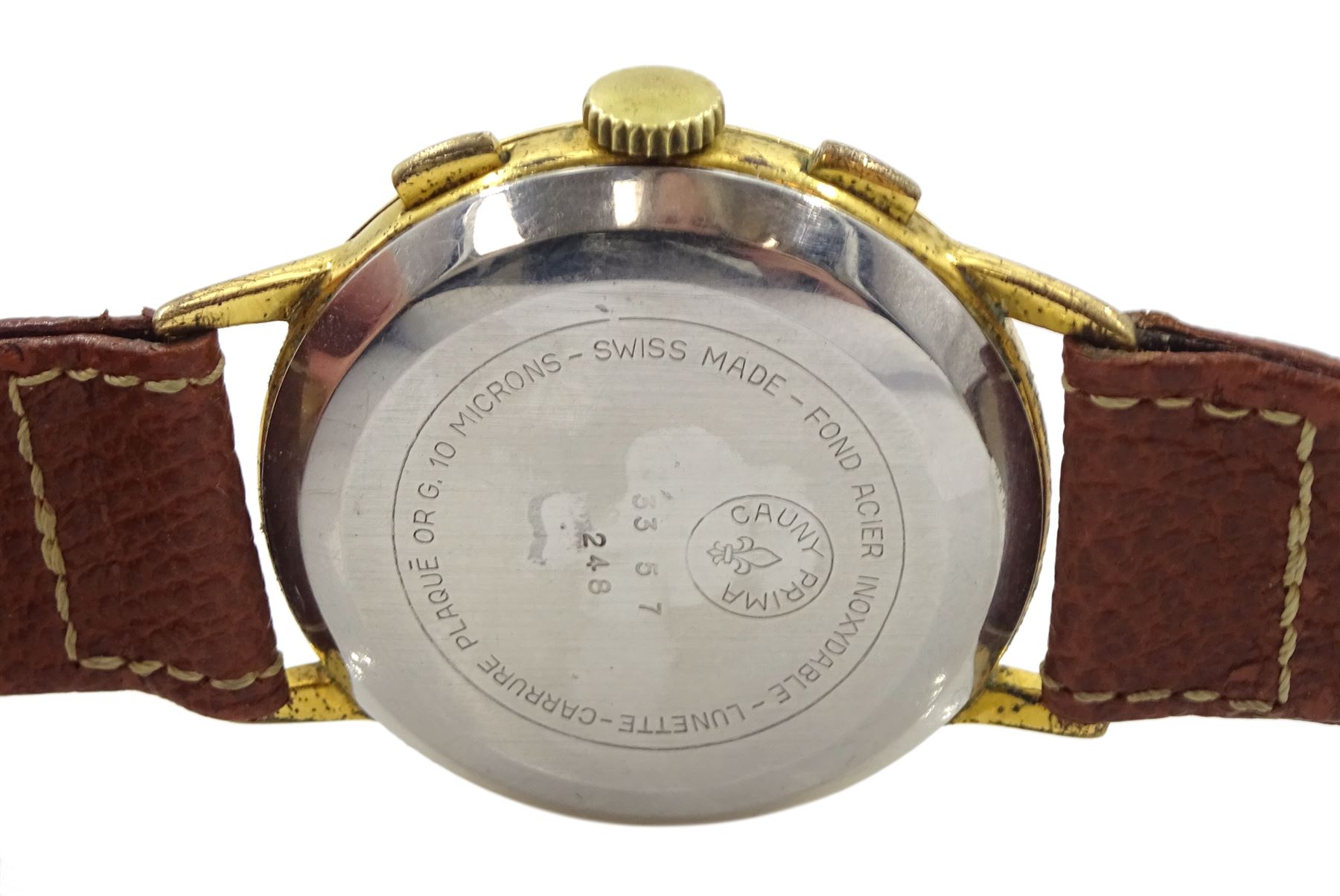 Cauny Prima gentleman's manel wind chronograph wristwatch, 17 jewel movement, Cal. 248, silvered dial with subsidiary seconds dial for 45 minute recording and constant seconds dials and outer tachymeter scale, on brown leather strap