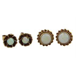 Pair of gold opal flower stud earrings and one other pair of circular opal stud earrings, both hallmarked 9ct