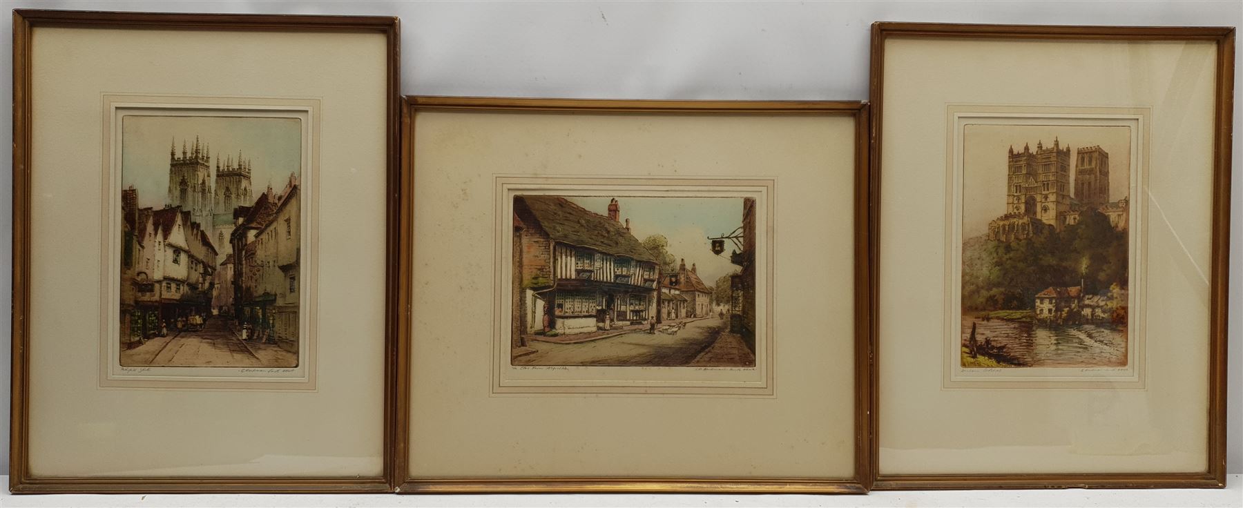Robert Herdman Smith (British 1879-1945): 'Petergate York' 'Durham Cathedral' and 'The Star Inn Alfriston', set three coloured etchings signed and titled in pencil 26cm x 19cm (3)