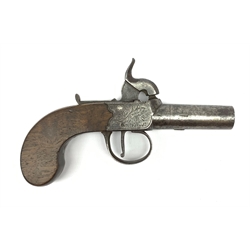 19th century English percussion box lock pocket pistol by Booth Huddersfield with (seized) turn-off barrel, engraved lock, walnut stock and thumb safety L16cm overall