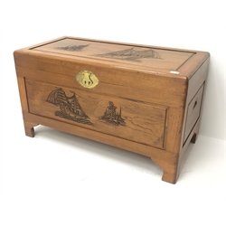  Mid century Hong Kong camphor wood blanket chest, carved nautical scenes, hinged lid with clasp, shaped bracket supports, W104cm, H59cm, D51cm  
