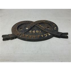 Victorian cast iron railway bridge makers plate, in the form of a Staffordshire Knot, detailed E.C. & J. Keay LD Birmingham Darlaston 1893, H31.5cm W15.5cm