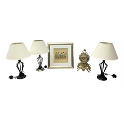 Two black metal table lamps and a similar example in chrome, together with a Quartz gilt metal clock and a framed print of tulips