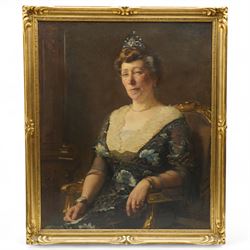 European School (Early 20th century): Half-Length Seated Portrait of Ellen Gustava Mathilda Weston (née af Klint) (Swedish 1860-?) wearing a Tiara and Gown, oil on canvas signed and dated 1915, labelled verso 90cm x 74cm
Notes: label verso reads: 'Ellen Gustava Mathilda Weston (born 1860 at Tunaberg) née af Klint, daughter of Eric Johan Gustaf af Klint and of Mary Stewart. She married Edward Weston, son of Arthur Henry Weston, born 1850 of Southampton.' The af Klint name is notably associated with the Swedish nobility and cultural legacy, including the abstract artist Hilma af Klint.