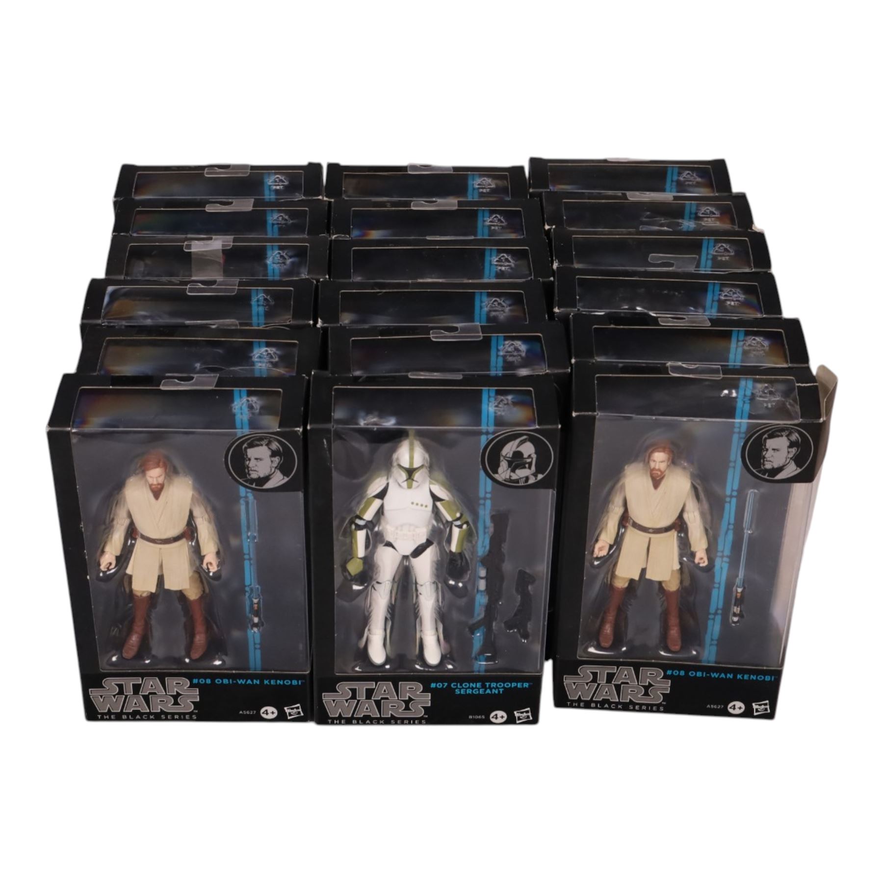 Complete set of sixteen Star Wars The Black Series Blue Wave action figures, comprising Sandtrooper, Darth Vader, Luke Skywalker, Chewbacca, Tie Pilot, Yoda, Clone Trooper Sergeant, two Obi-Wan Kenobi figures, Han Solo, Bossk, Emperor Palpatine, Luke Skywalker, Clone Trooper Captain, Clone Commander Cody, IG-88 and Princess Leia Organa, together with Boba Fett Prototype Armour figure, all boxed  (18)