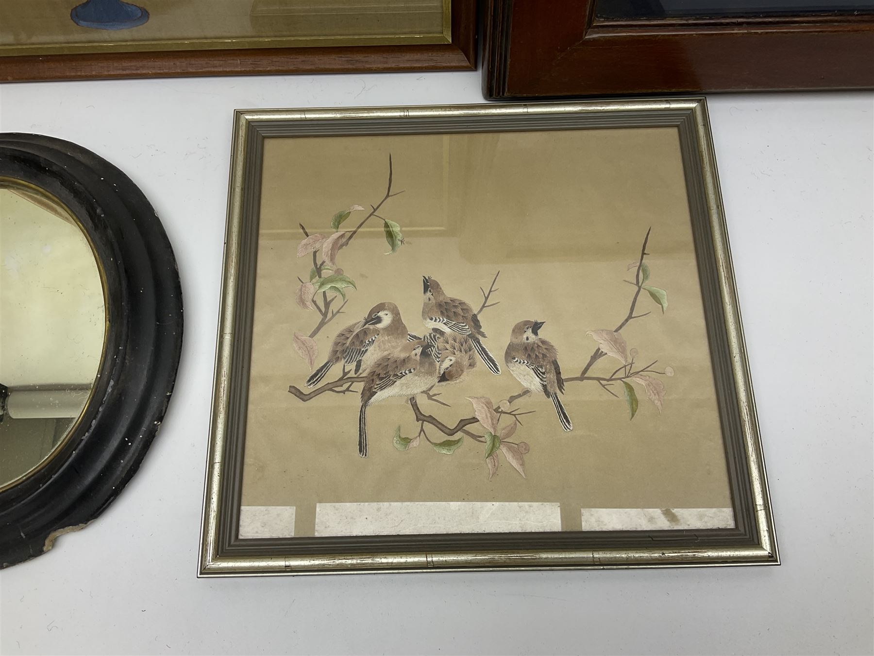 Shove ha'penny board, together with a maritime diorama, small oval mirror, rugs etc