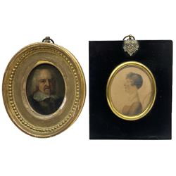 English School (Early 19th Century): A Wise Old Man, oil on copper miniature portrait unsigned 6cm x 5cm; English School (Early 19th Century): Portrait of Lady, watercolour unsigned, inscribed indistinctly verso and dated 1812 beneath mount 7cm x 6cm (2)