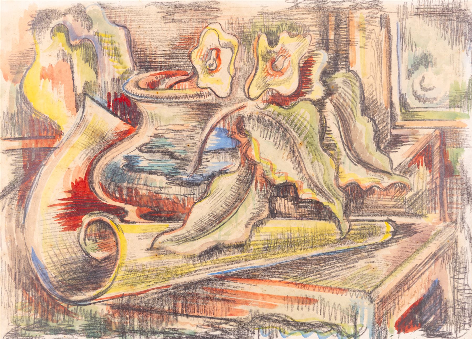 Rees Lewis Rees (British 20th Century): 'The Drawing Room Table' and 'The Saw Mill', two watercolours signed and indistinctly dated, 24cm x 33cm (2)