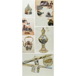 Catharina Anton Danial (Sri Lankan 1991-): 'Trinco City Map'; Mudhouse; Kettle; 'Galle Fort'; Lamp, set six watercolour and mixed media collages from 'Nostalgia' series, signed and dated 2023-2024, max 39cm x 28cm (6)
Notes: Catharina Danial is a Sri Lankan artist working with watercolour, thread, and collage to explore memory, place, and environmental change. A graduate of the University of Jaffna (BFA, 2016), she has exhibited with ARTRA Magazine, Colomboscope, and Saskia Fernando Gallery. Trinco City Map forms part of her ongoing exploration of coastal regions in Sri Lanka, drawing from field research, personal narrative, and ecological observation—particularly the impact of the economic crisis on marine life and coral ecosystems.