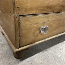 Victorian pine mule chest, rectangular moulded hinged lid, fitted with single drawer, brass carrying handles to each side, on turned feet - THIS LOT IS TO BE COLLECTED BY APPOINTMENT FROM THE OLD BUFFER DEPOT, MELBOURNE PLACE, SOWERBY, THIRSK, YO7 1QY