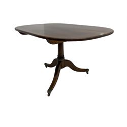 George III mahogany pedestal table, moulded tilt-top on turned column, three splayed supports with brass cups and castors