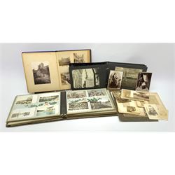 Early 20th century Japanese postcard album, the lacquered wooden covers with shibayama panel to the front, partially stocked with fifty Japanese postcards; Victorian album containing fifty-six laid-in photographs of British & Continental topographical scenes; mid-20th century album of Norwegian photographs; and quantity of Victorian cabinet photographs etc
