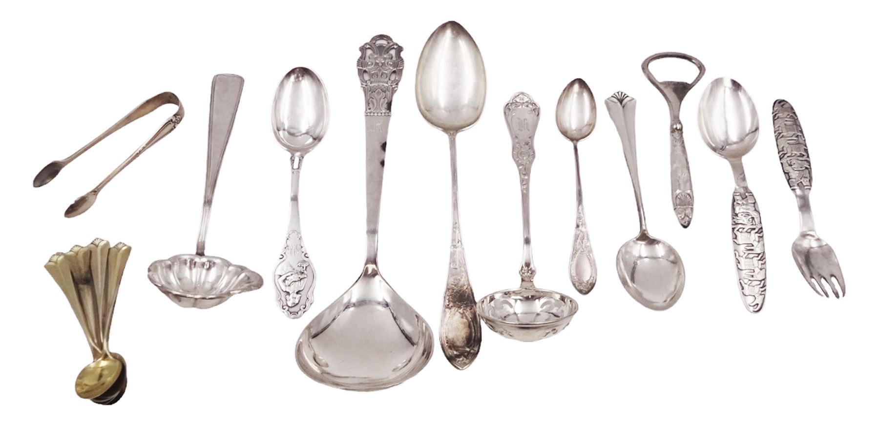 Collection of Norwegian silver flatware, including a set of six silver-gilt demitasse spoons, by David Andersen, stamped D-A 830s and a serving spoon, the pierced terminal with two doves, engraved with initial K and dated 10.09.32 verso, stamped 830s, etc