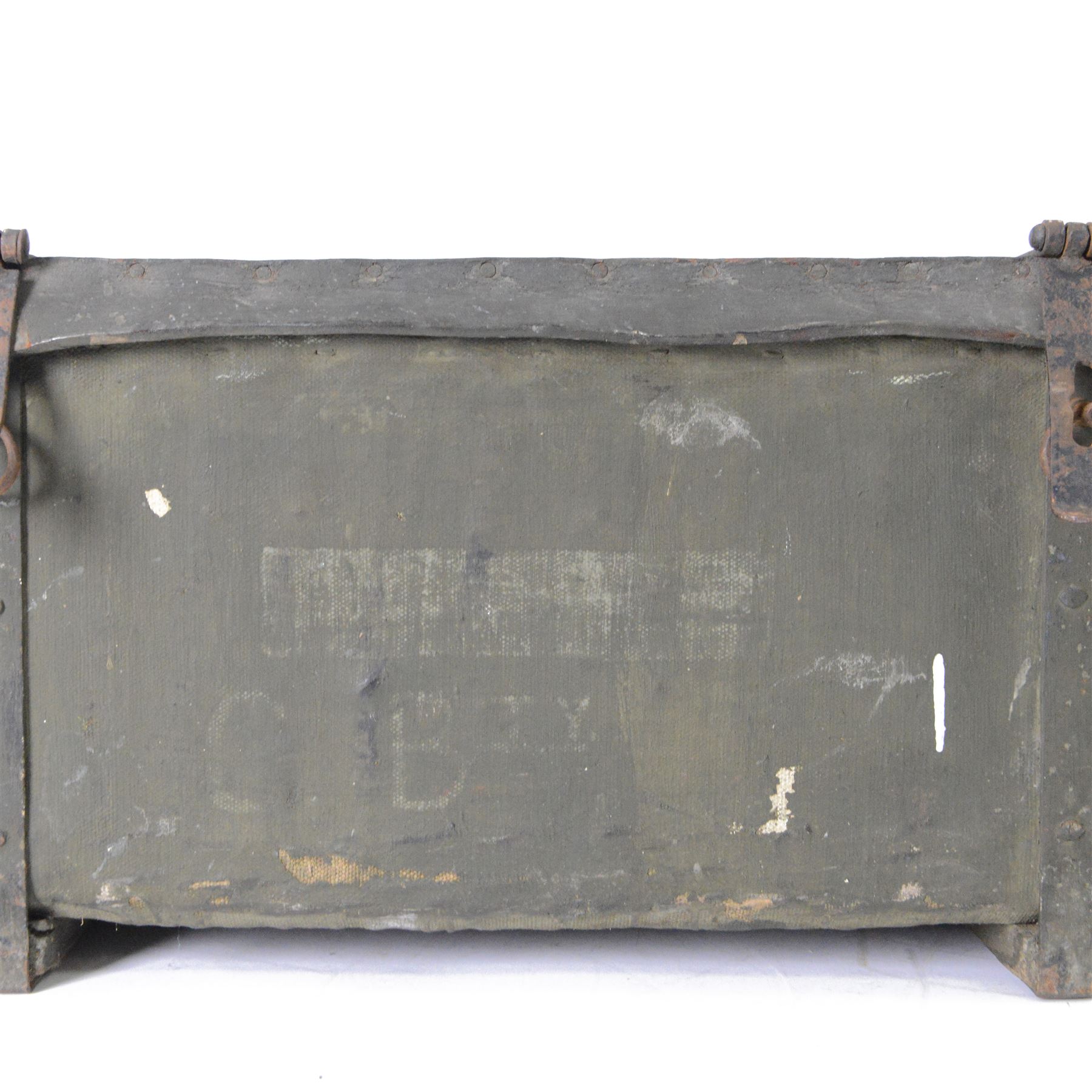 WWII portable trunk with canvas and wooden top and sides, fitted wicker interior with ammunition holders to the lid and makers tag Finch & Sons Ltd, Gloucester, painted to cover 'CAPT J.S.JEWITT 18 NORTH LODGE DARLINGTON ENGLAND', H32CM, L76cm