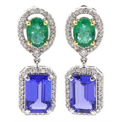 Pair of 18ct white gold emerald cut tanzanite, oval emerald and diamond cluster, pendant stud earrings, total emerald weight 1.65 carat, total tanzanite weight approx 5.30 carat