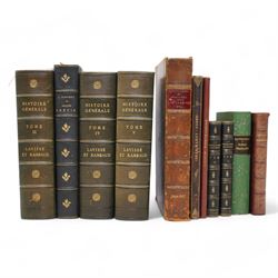 Le Sievre Faret - 'L'Honeste Homme' ou L'Art de Plaire, published in French by Arnould Cotinet, Paris 1660, full calf, J-P de Florian 'Les Six Nouvelles' 1786 and 'Nouvelles Nouvelles' 1792, both in quarter leather Conscience, F -'Les Dialogues de Jacques Tahureau' published Lemere, Paris 1871 in half calf and marbled boards, Berolade de Verville - 'Le Moyen de Parvenir' pub. Garnier Freres 1879, Jacob, Paul - 'Le Cymbalum Mundi' 1841 and 'Les Contes de Bonaventure des Periers' 1843, all published in French and collection of books published in French including H-L Bordier (Ed) - 'Le Chansonnier Hugenot' two volumes 1870, Mace de Villebresme - 'Epistre de Cleriande' limited edition No132, 'Poeme Inedit de Iehan Marot' 1860 and others (11) Saint-Andre, Claude - 'Madame du Barry d'apres les Documents Authentiques' limited edition published in French by Emile- Paul, Paris 1908 No 39/250 soft vellum cover