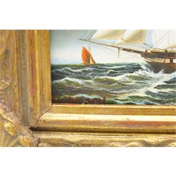 English School (20th century): Portait of a Boy with a Bat and a Ship Portrait, two oils on wood panel in matching gilt frames indistinctly signed 16cm x 11cm and 11cm x 16.5cm (2)