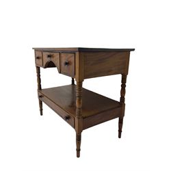 Early 19th century mahogany two tier washstand, central drawer with washbowl flanked by two smaller drawers, the undertier fitted with long drawer, turned supports