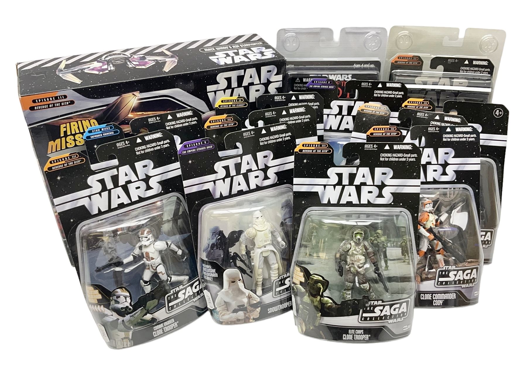 Star Wars - The Saga Collection - Mace Windu's Jedi Starfighter; boxed; and twelve carded figures comprising Biker Scout, General Grievous, At-At Driver, Clone Trooper Sergeant, various other Clone Troopers and Commander Cody, Snowtrooper and Scorch Republic Commander; all in unopened blister packs (13)