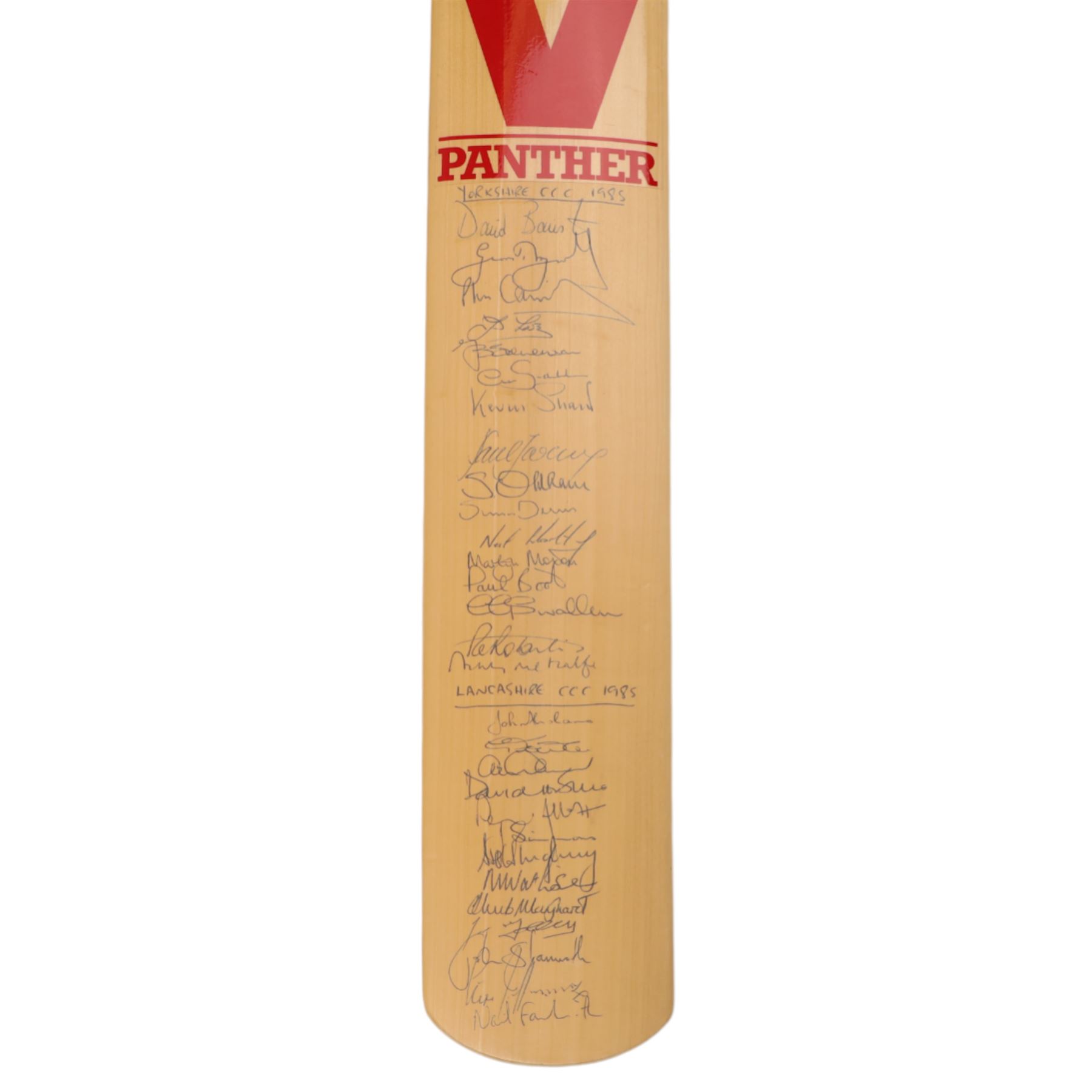 Signed Slazenger cricket bat, with signatures of players from 1985 Yorkshire and Lancashire county cricket teams, including Geoffrey Boycott