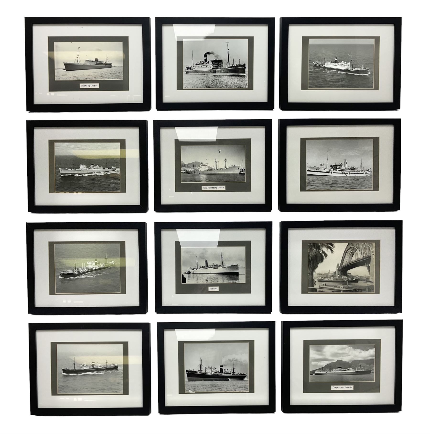 Set of twelve monochrome photographs of mid-20th century merchant vessels comprising general cargo ships, cargo liners, RMMV passenger cargo liners and hospital ship including Rowallan Castle, Drakensberg Castle, Stirling Castle, Capetown Castle, Pachumba, Tilapa etc; average size 18 x 24cm; uniformly mounted in black frames (12)
