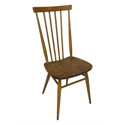 Ercol - pair of mid-20th century highback 'Windsor' chairs, curved top rail over six vertical spindles and shaped seat, on tapering cylindrical supports with stretchers