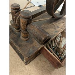 19th century table top spinning wheel, with drawer containing small selection of lace bobbins, H33cm