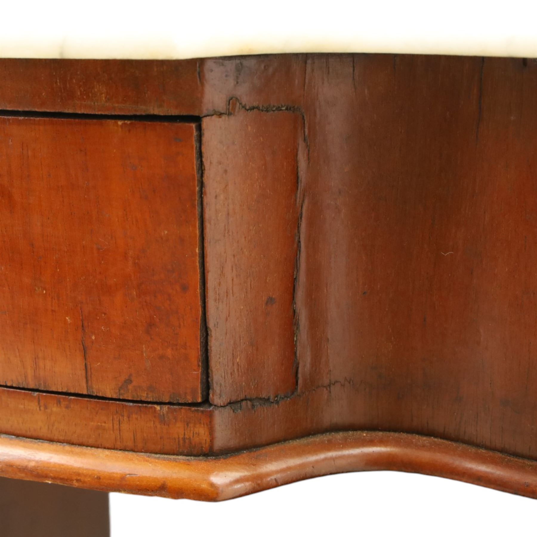 Victorian mahogany pedestal dressing table, shaped white marble top over central frieze drawer, flanked by two pedestal cupboards with four dummy drawer fronts and ornate brass handles, recessed kneehole with platform base, on plinth supports