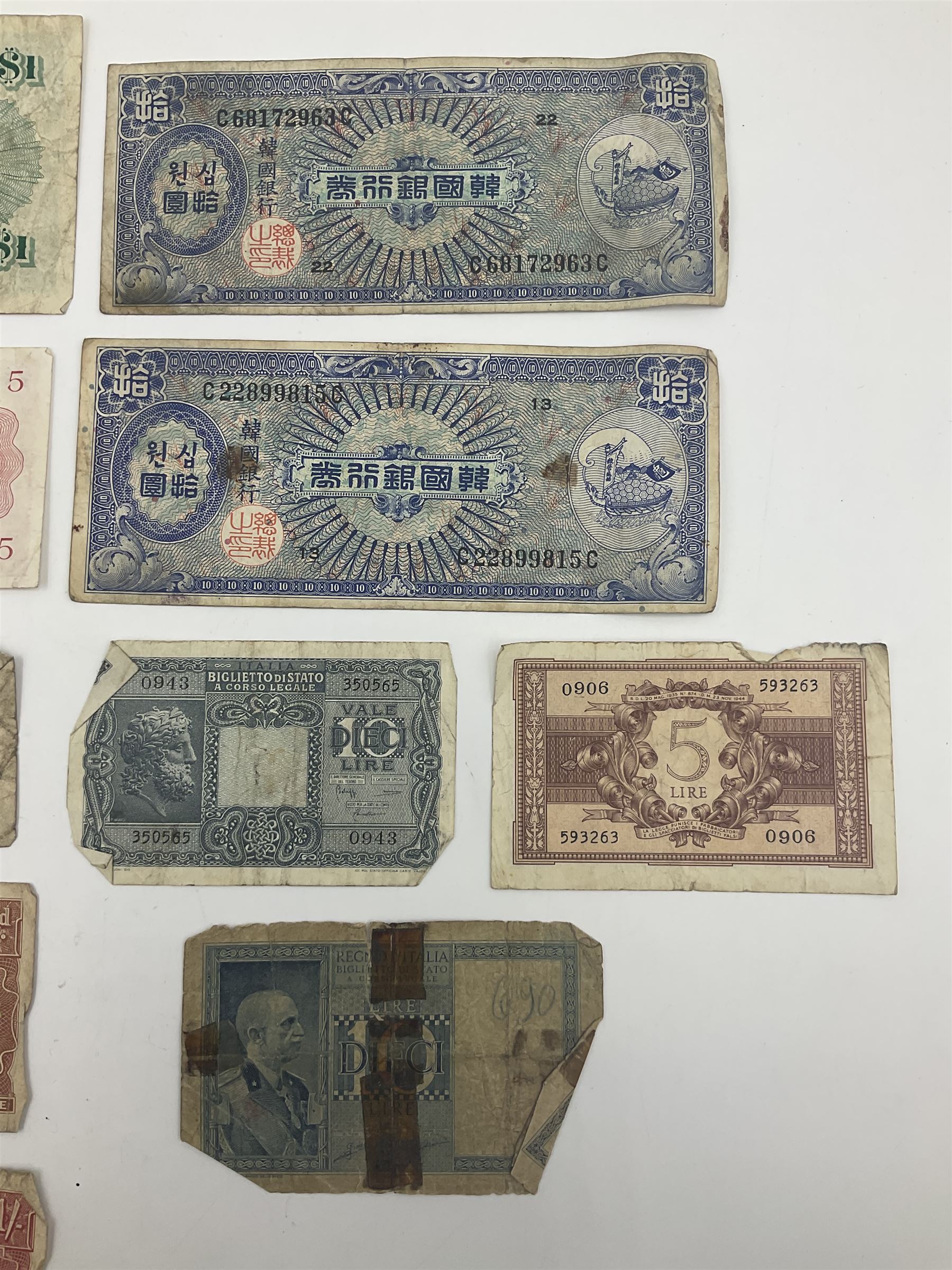 Banknotes including King George VI board of commissioners of currency Malaya one dollar 1st July 1941 'P/59 030908', Queen Elizabeth II Government of Hongkong one dollar 1st July 1952 'F/6 202153' etc