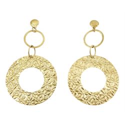 Pair of 9ct gold circular pendant hoop stud earrings, with flower head decoration
