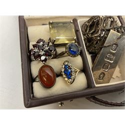 9ct gold paste blue and white stone set ring, silver jewellery including large smokey quartz ring, garnet cluster ring, gate bracelet and ingot pendant necklace and a collection of costume jewellery and a pair of 'Le Jockey Club' binoculars