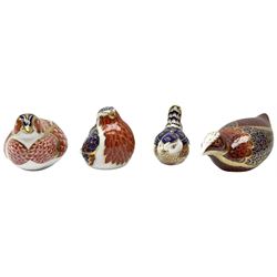 Four Royal Crown Derby paperweights, comprising partridge with gold stopper, wren with gold stopper,  pheasant with gold stopper and robin with a silver stopper