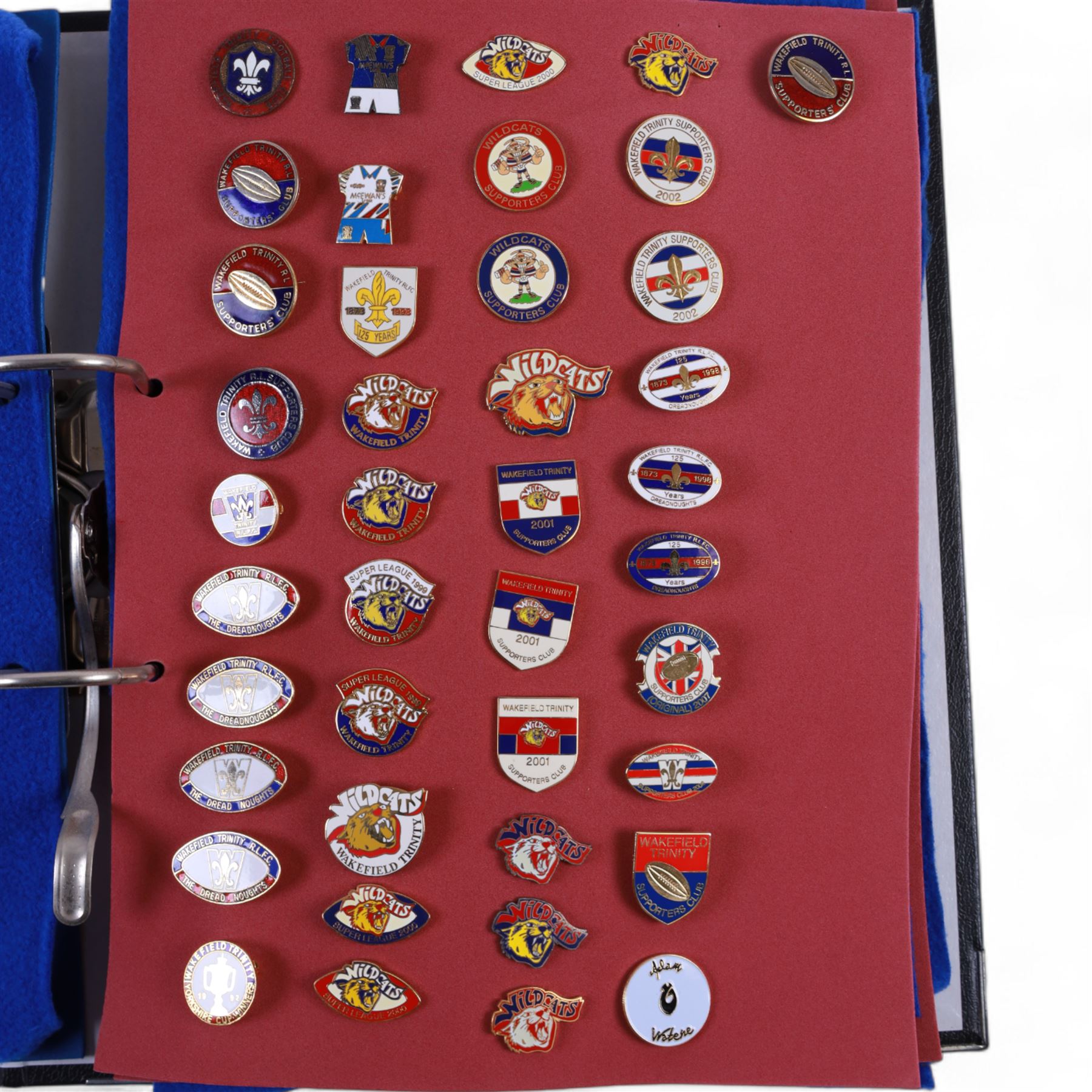 Rugby league enamel badge collection, from Swinton Lions, Wakefield Trinity, Warrington Wolves, Whitehaven, Widnes Vikings, Wigan Warriors, Workington Town and York City Knights, including Wigan Wembley and Cup Winners examples, housed in two folders, (approximately 300)