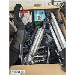 Collection of cameras and photography equipment, including Canon EOS 1000F DSLR, Fujifilm S9500, Canon EOS 10, lenses, filters, tripods, etc, in three boxes
