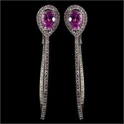  Pair of 18ct white gold pink sapphire and diamond cluster hoop ear-rings, hallmarked, sapphires approx 1.4 carat  