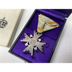 Japanese Order of the Sacred Treasure Medal (Zaihosho) in lacquered box; Norwegian Grunnlovsdag 1945 Medal with National Flag ribbon; three school attendance medals; four Royalty commemorative medals including both Victoria jubilees; quantity of medal ribbons and medal bars; medal issue boxes; badges; booklets etc
