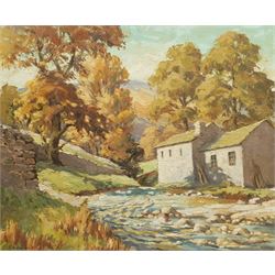 J Burton (British 20th century): Whitby from Lythe Bank, oil on board signed 49cm x 59cm; William Shone (British 20th century): 'Autumn Morning Cray Wharfedale', oil on board signed, titled verso on artist's studio label 49cm x 59cm (2)