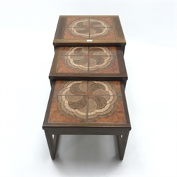 G Plan teak nest tables, inset tile tops, W56cm, H45cm, D51cm