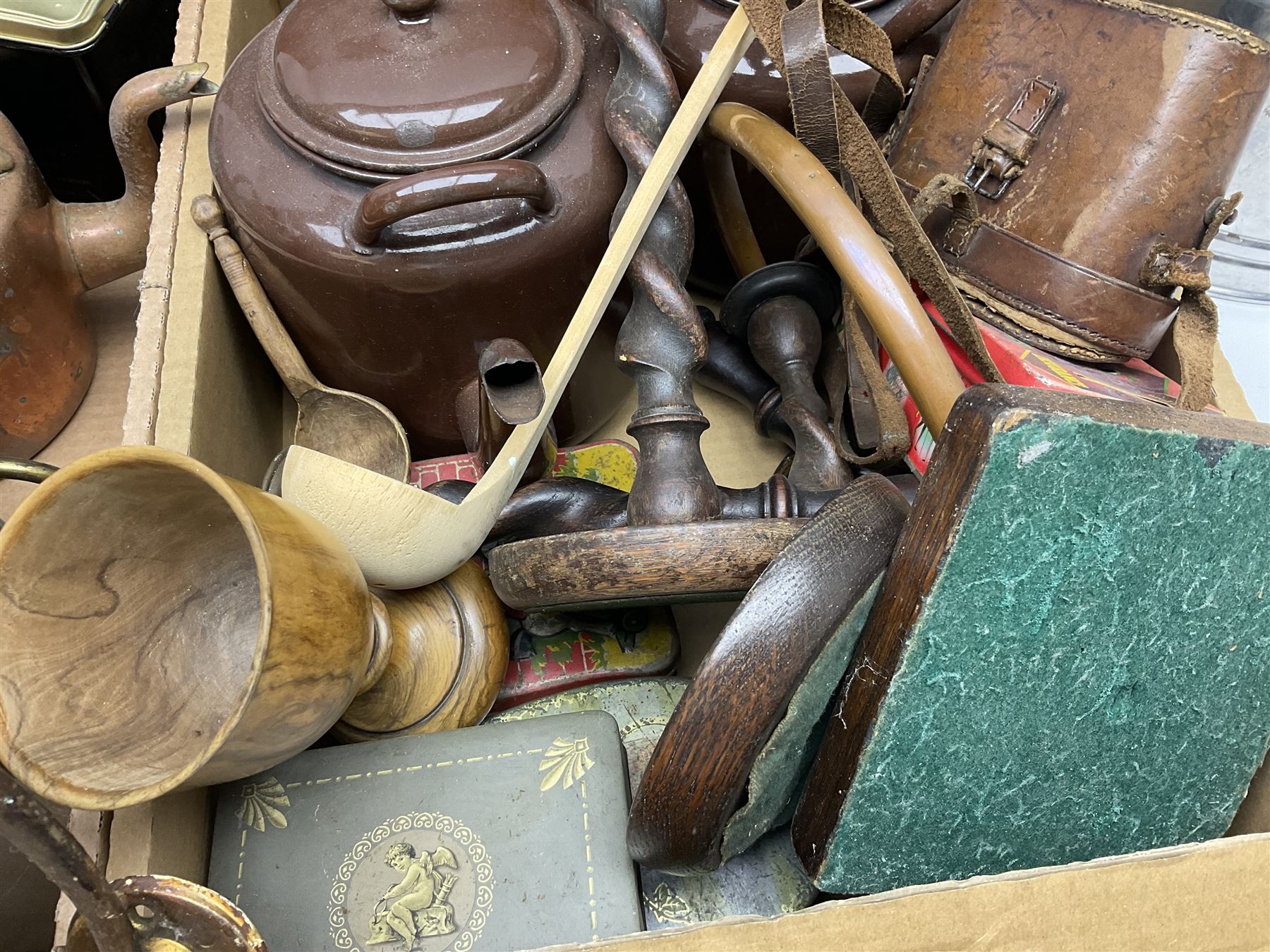 Mauchline ware trinket box and thimble holder, together with copper kettle, two large brown enamel teapots, wooden chess board, brass bell, hot water urn, and other metal ware etc, in three boxes 