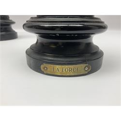 Pair of spelter figures, Le Force and Le Pouvoir, modeled as figures standing on lions, arms held aloft, H51cm 