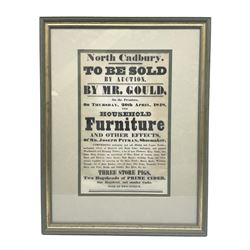 Victorian auction poster, detailed North Cadbury To Be Sold By Auction by Mr. Ground, 1848, in glazed frame, H53cm W41cm