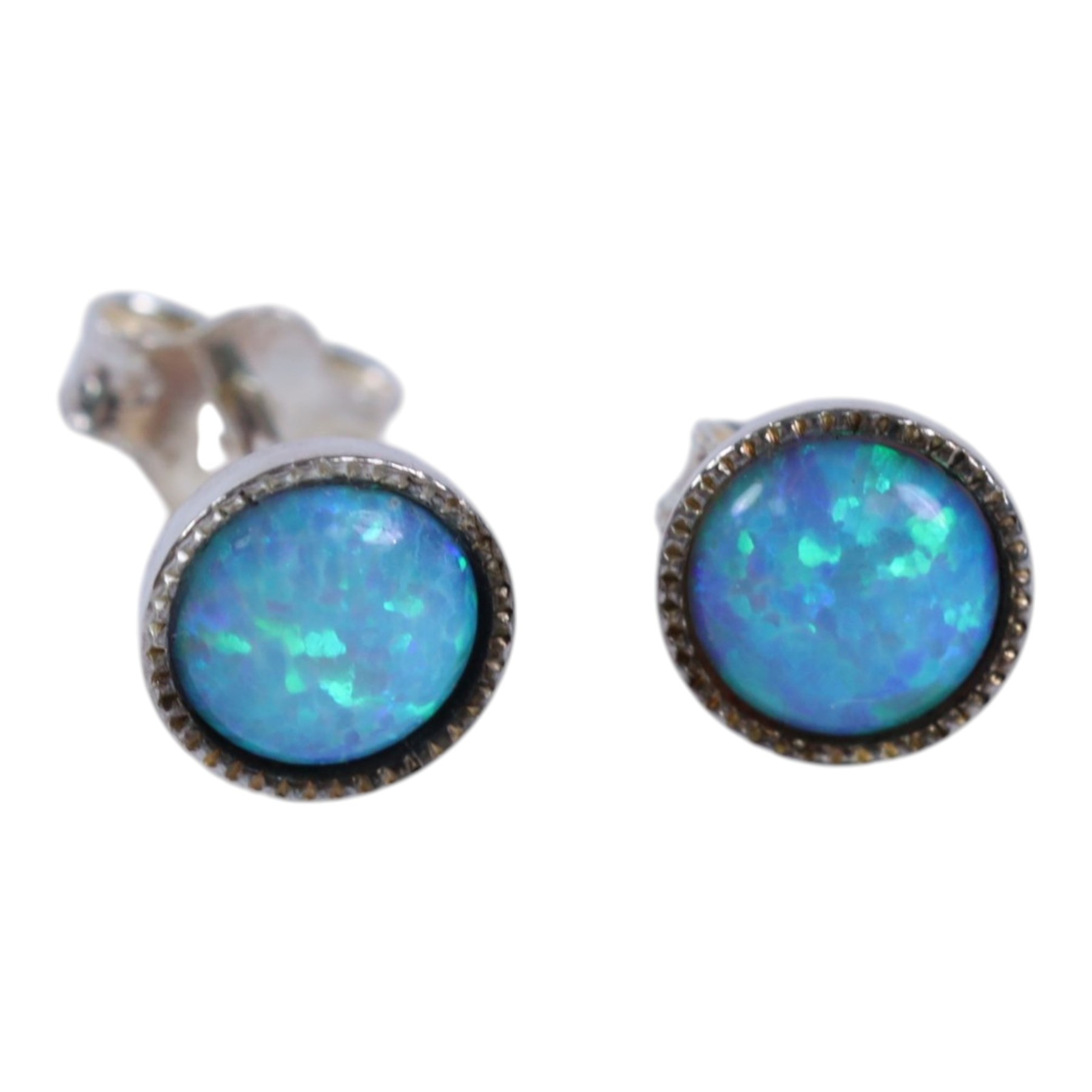 Pair of silver opal stud earrings, pair of silver blue opal stud earrings, pair of silver rose gilt cubic zirconia hoop earrings, silver ruby and opal ring, and silver gilt tourmaline ring