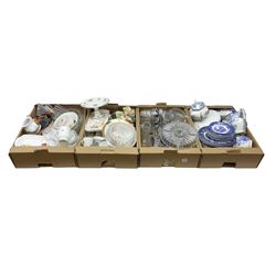 Quantity of ceramics and glassware to include Goss crested ware and similar examples, glass epergne, glass claret jug, royal commemorative ware etc, in four boxes 