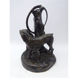  After Auguste Nicolas Cain (French, 1822-1894) large bronze figural group, modelled as two hunting dogs sitting by a tree stump, with hunting horn hanging above, inscribed H. Moreau, H55cm  