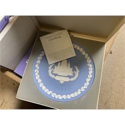 Wedgwood Jasperware Christmas collectors plates to include London Landmarks, all with original boxes, in two boxes 